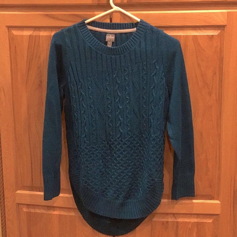 Soho Jeans Teal Cable Knit Sweater - Crew Neck Rounded Bottom M